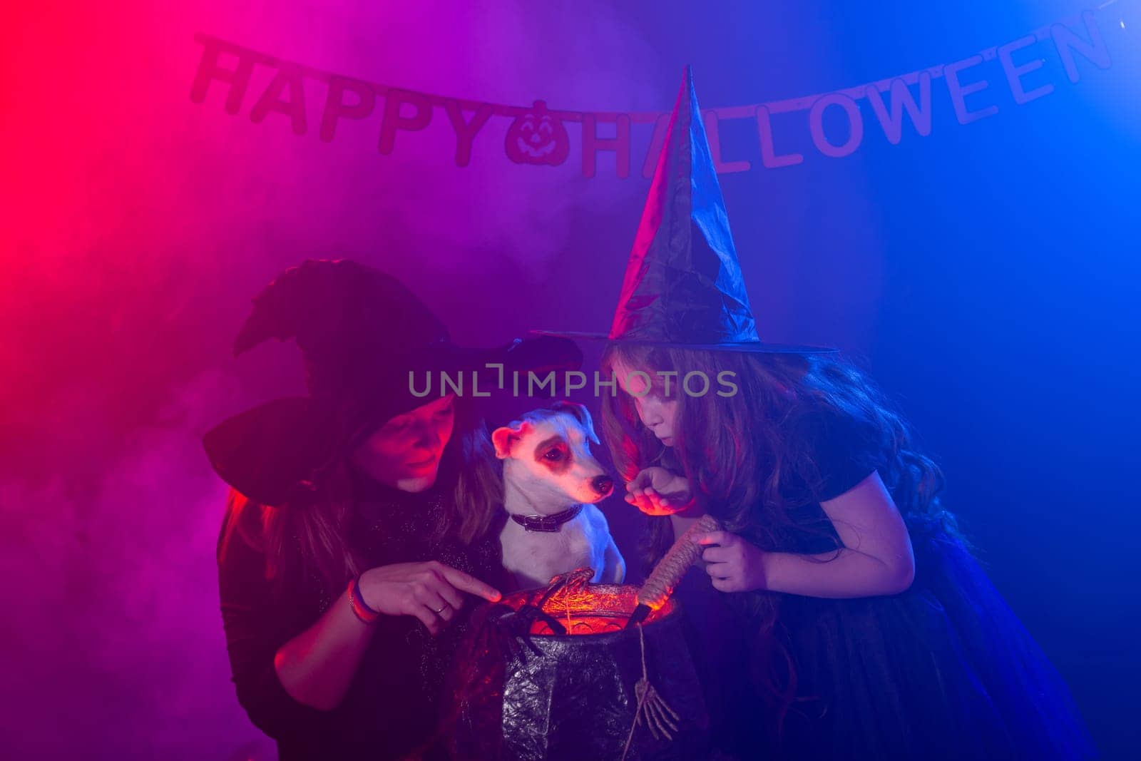 Funny child girl and woman in witches costumes for Halloween with dog making magic. by Satura86