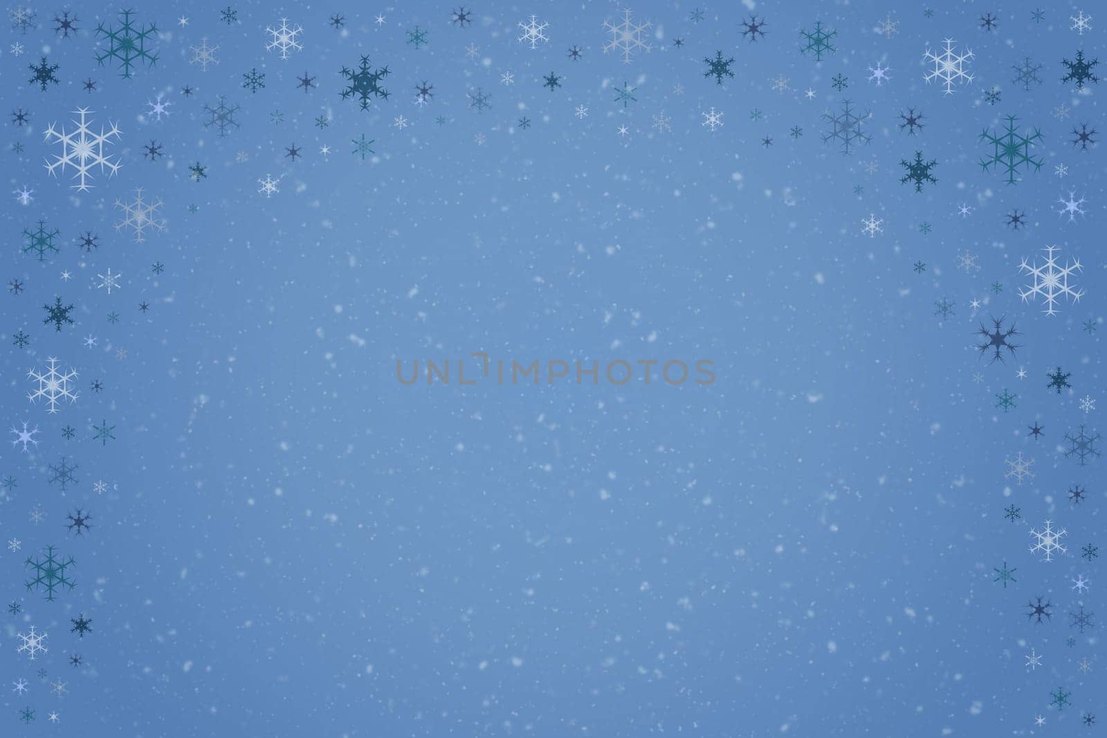 Abstract pastel blue Christmas holiday winter background frame of falling snowflakes