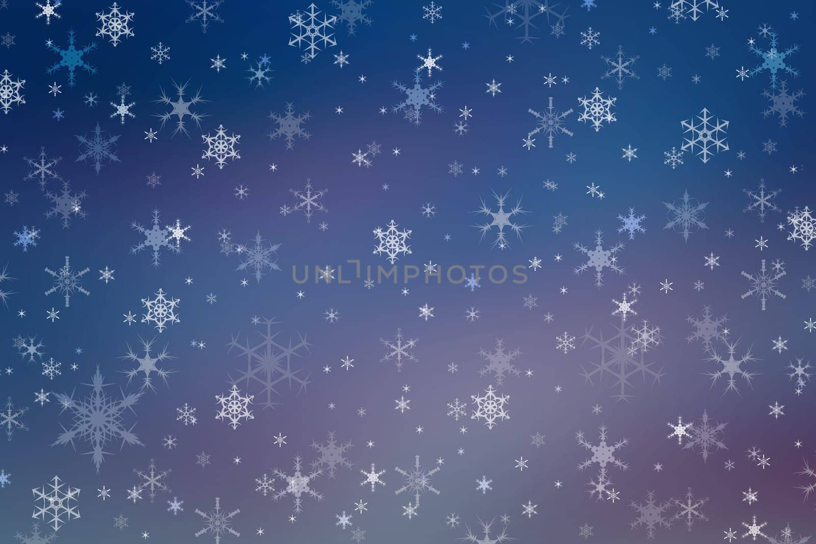 Abstract dark indigo blue and purple Christmas holiday winter background of falling snow bokeh and snowflakes