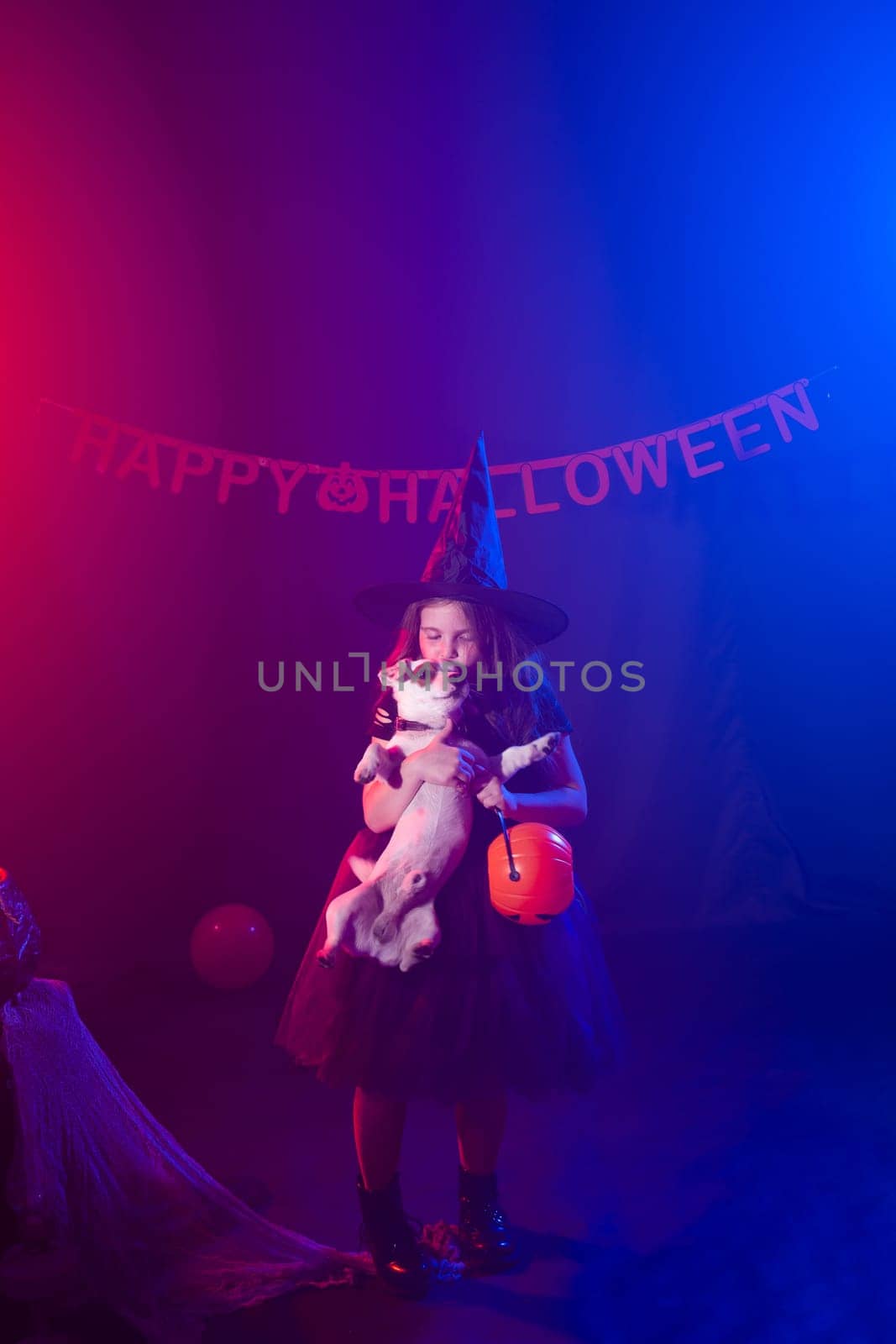 Funny child girl in witch costume for Halloween with pumpkin Jack and dog