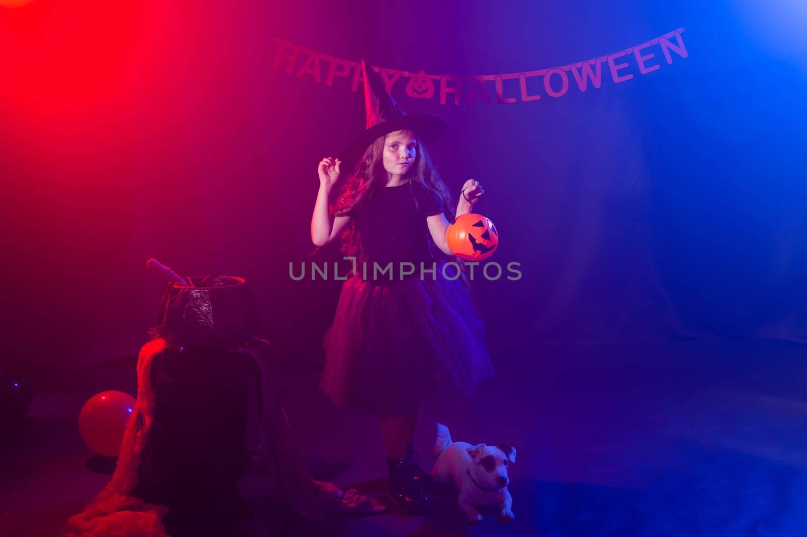 Funny child girl in witch costume for Halloween with pumpkin Jack and dog