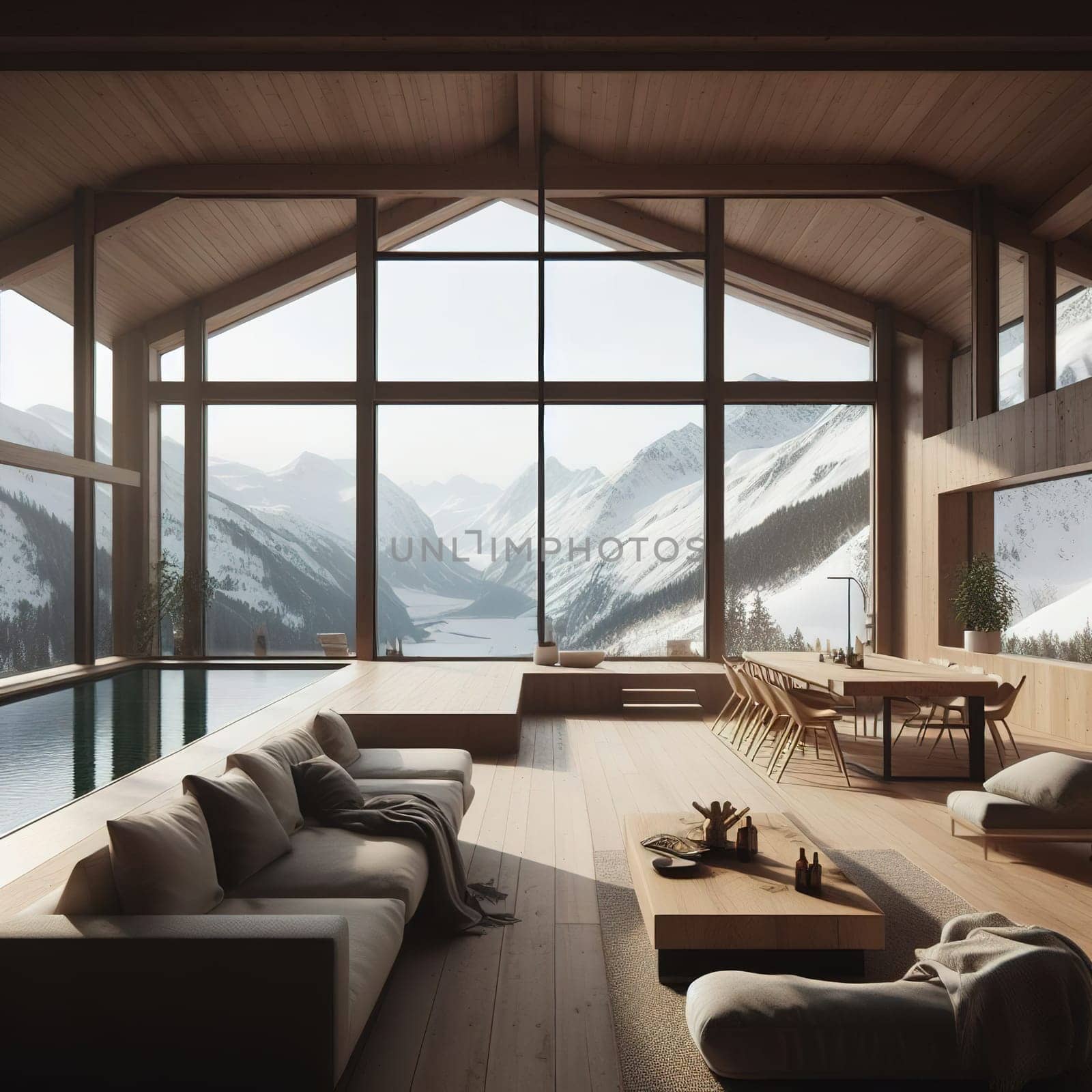 Stylish interior of a chalet in the mountains. generative, AI. High quality photo