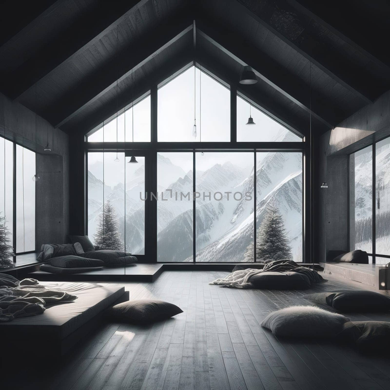 Stylish interior of a chalet in the mountains. generative, AI. High quality photo