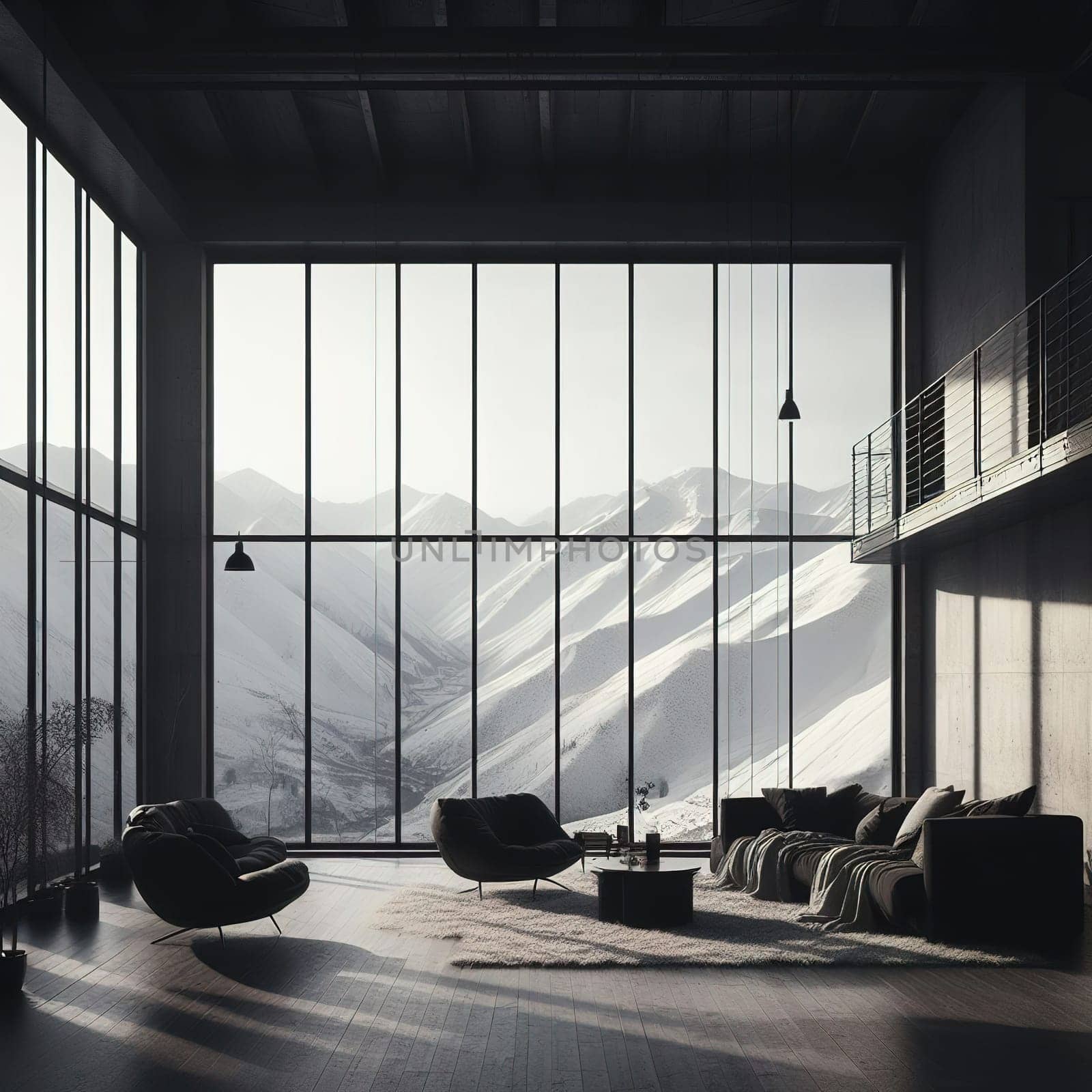 Stylish interior of a chalet in the mountains. generative, AI. High quality photo