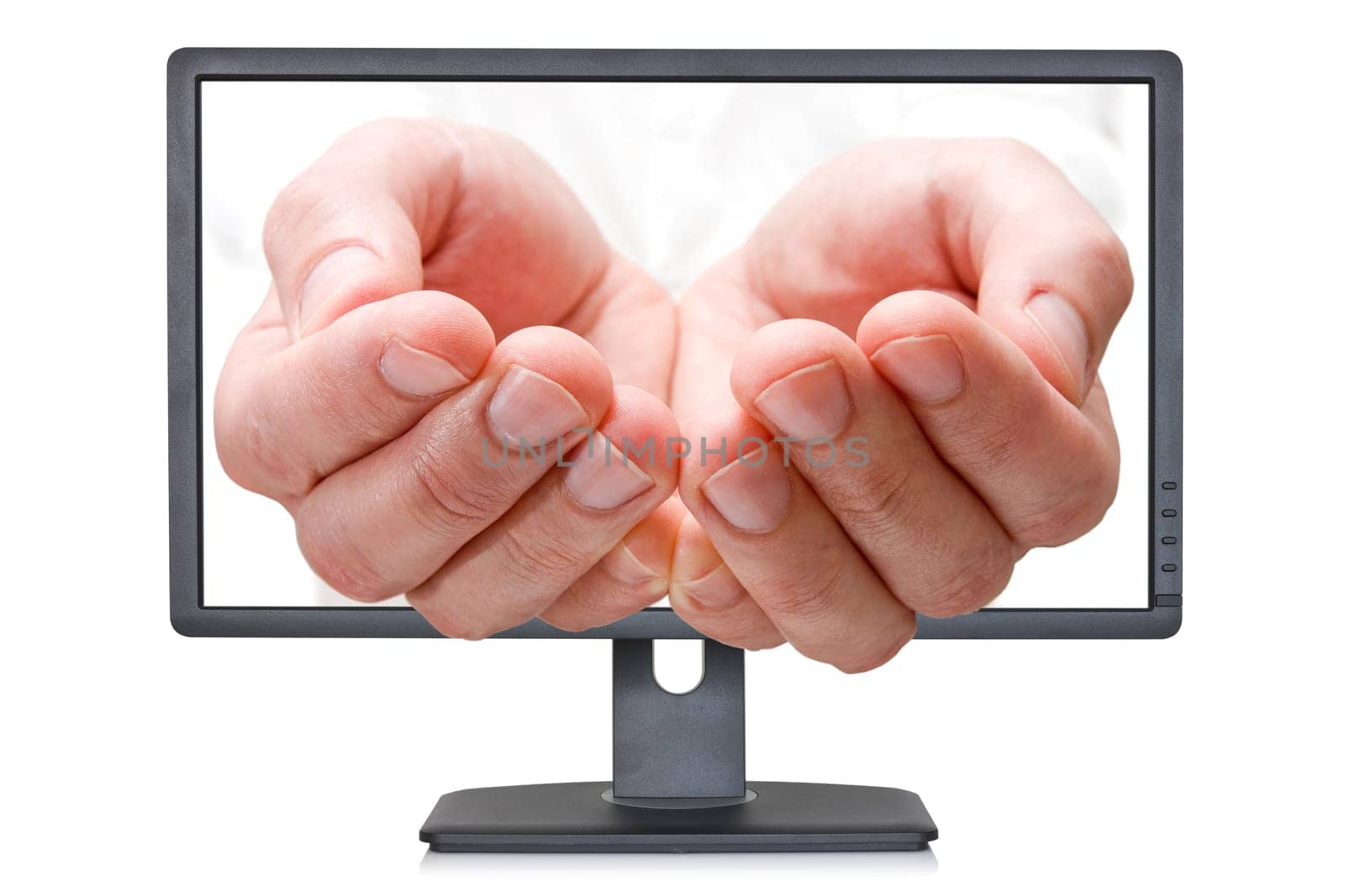 Open palms coming out of the computer monitor
