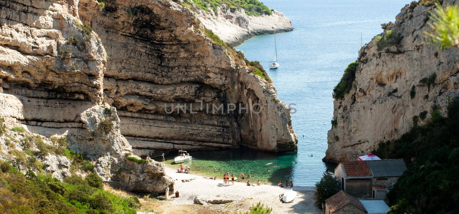 Scenic landscape about Stiniva bay in vis island