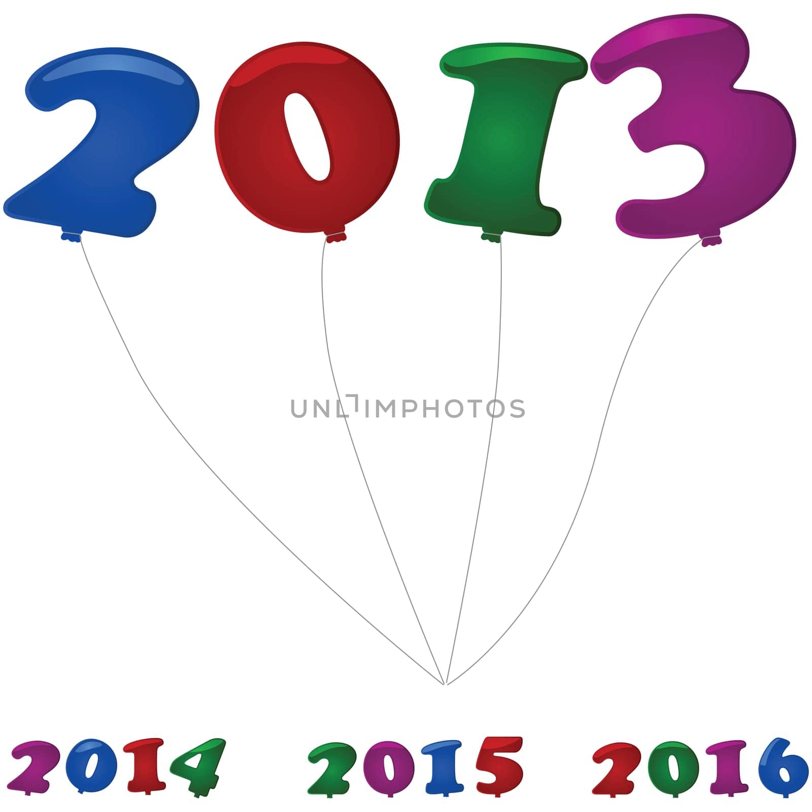 Glossy illustration showing colorful number shaped balloons for the new year in 2013, 2014, 2015 and 2016