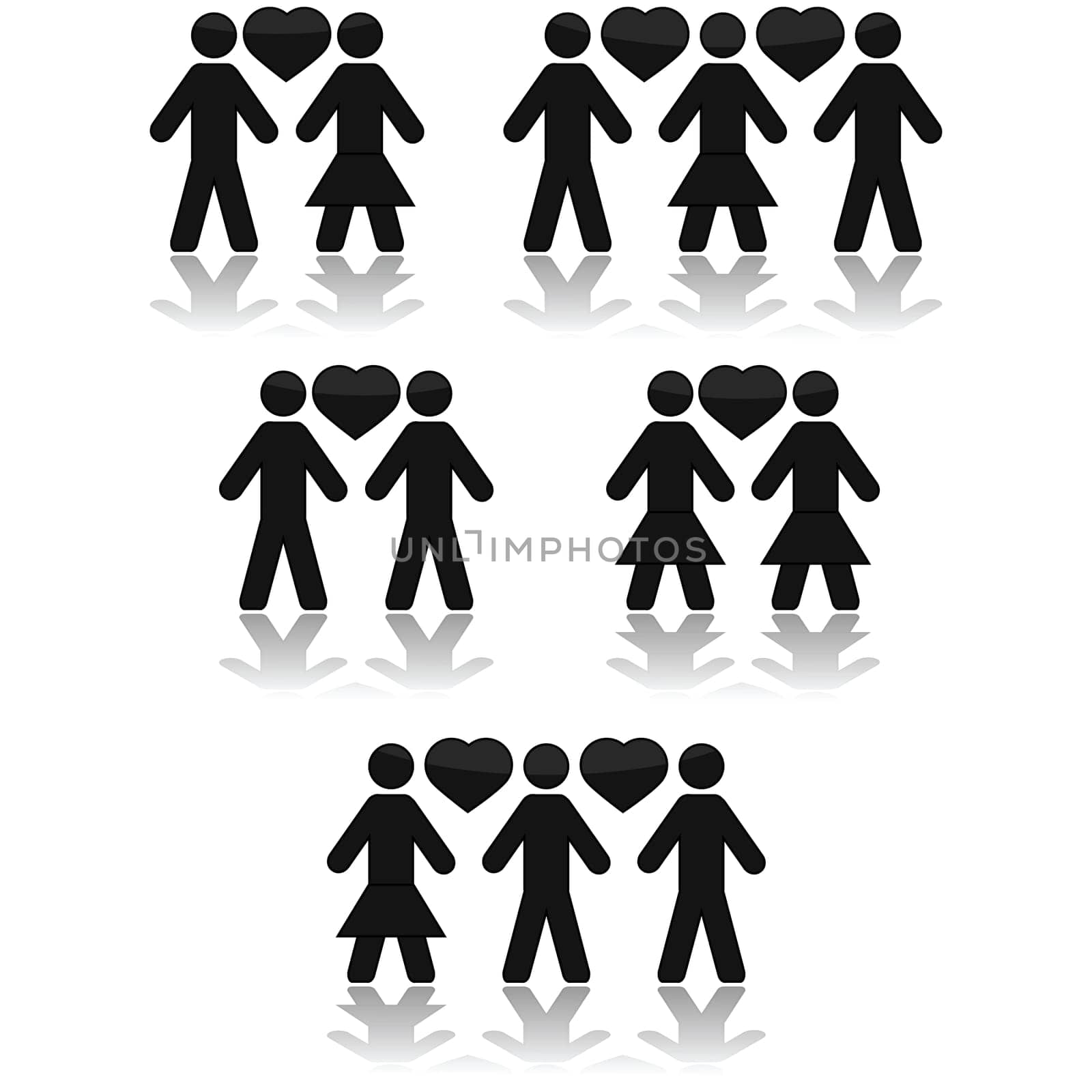 Icon set showing couples in love, or a love triangle, with both heterosexual and homosexual relationships