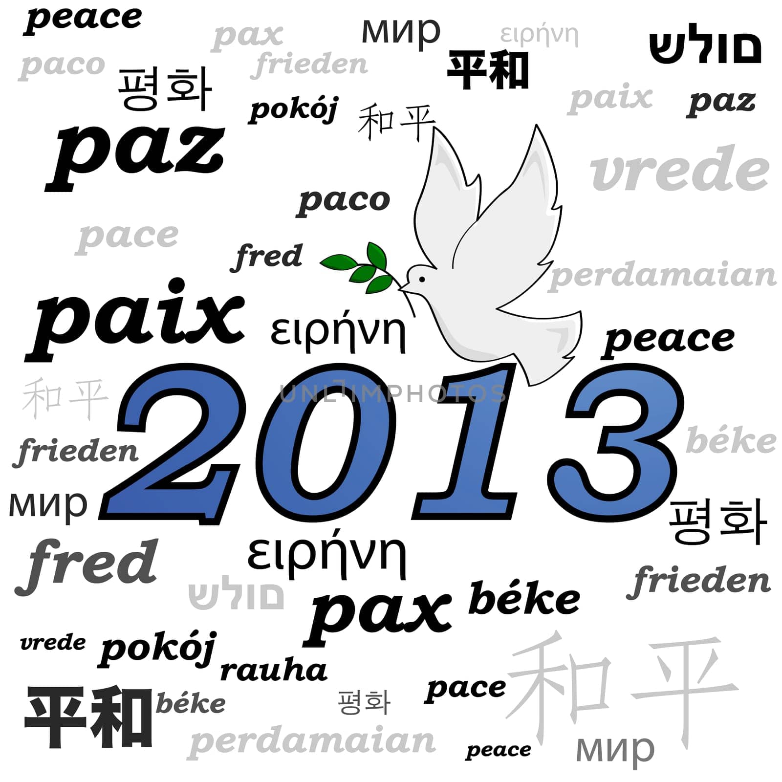 Concept illustration showing a peace dove over the year 2013 and the word peace written in different languages