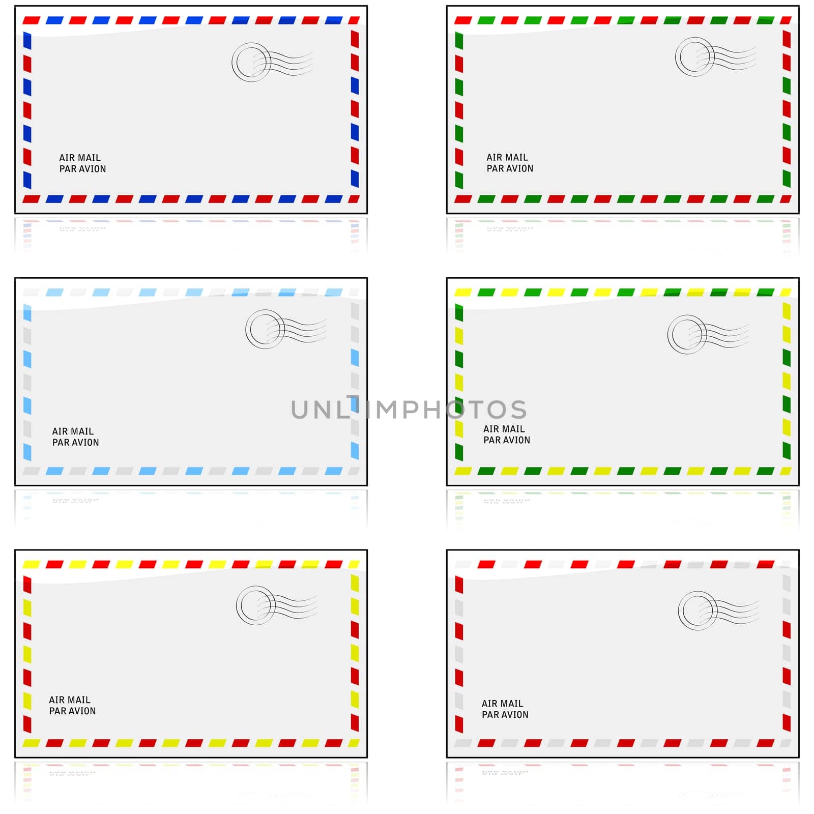 Glossy illustration showing old air mail envelopes with the colors for different countries