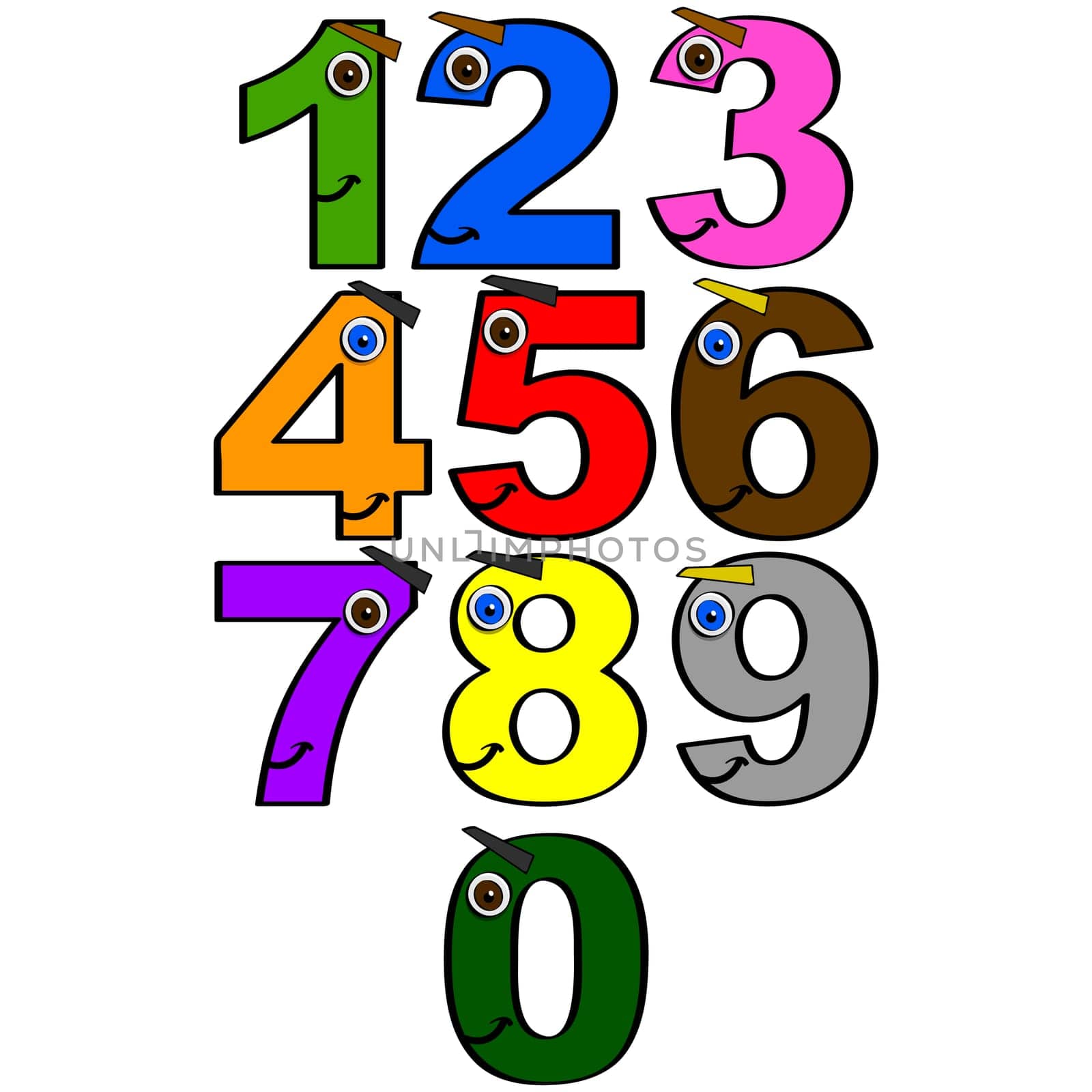Collection of numbers from 0 to 9 with smiling faces and different colors, great for children learning to count