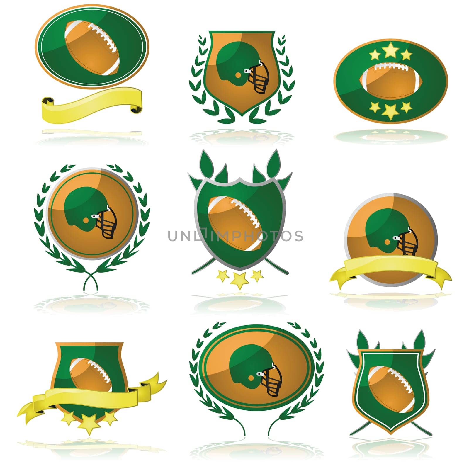 Collection of badges showing an American football or a helmet
