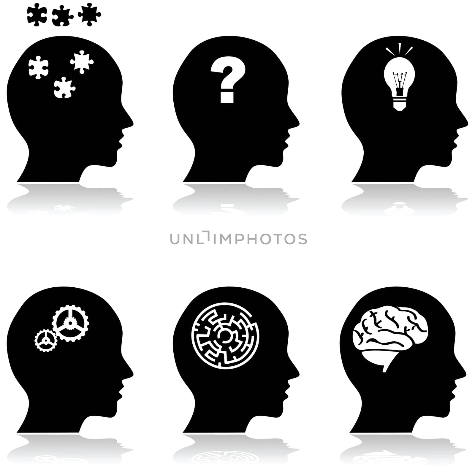 Icon illustrations showing a collection of heads with different thoughts