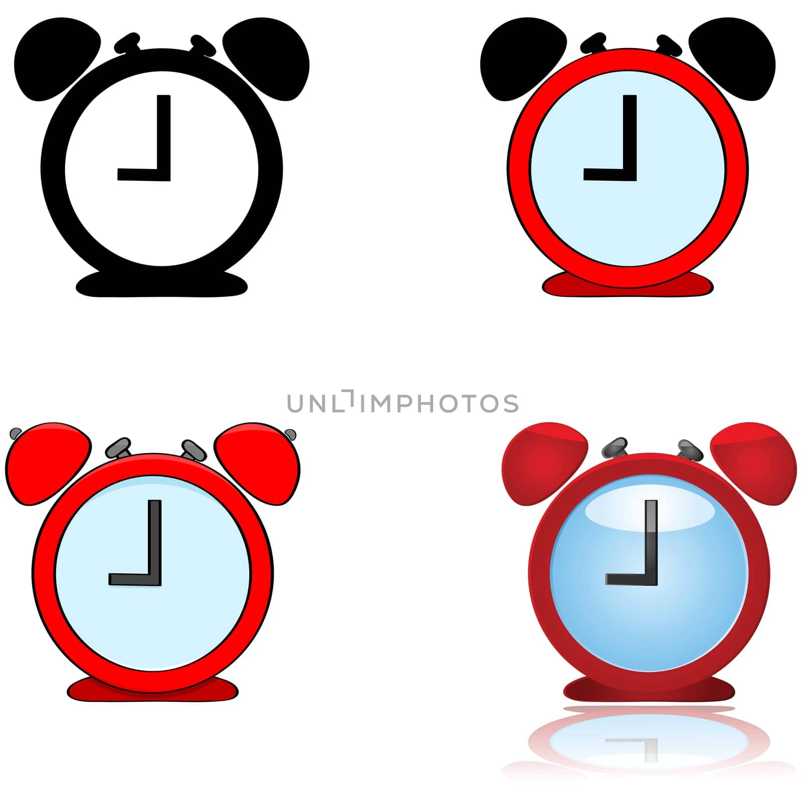 Illustration showing alarm clock depicted in four different styles
