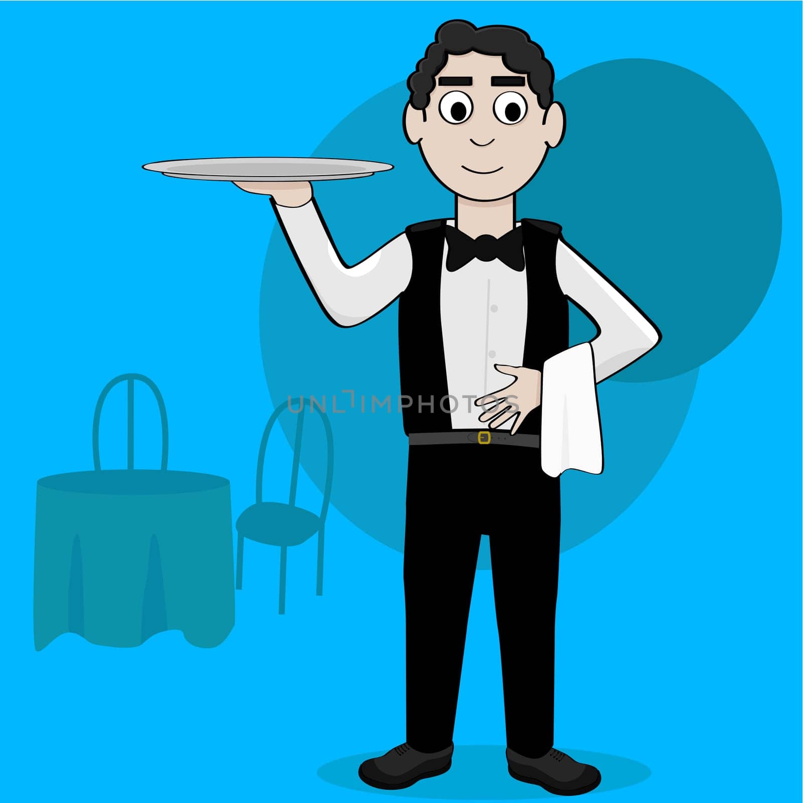 Cartoon illustration showing a waiter holding an empty tray