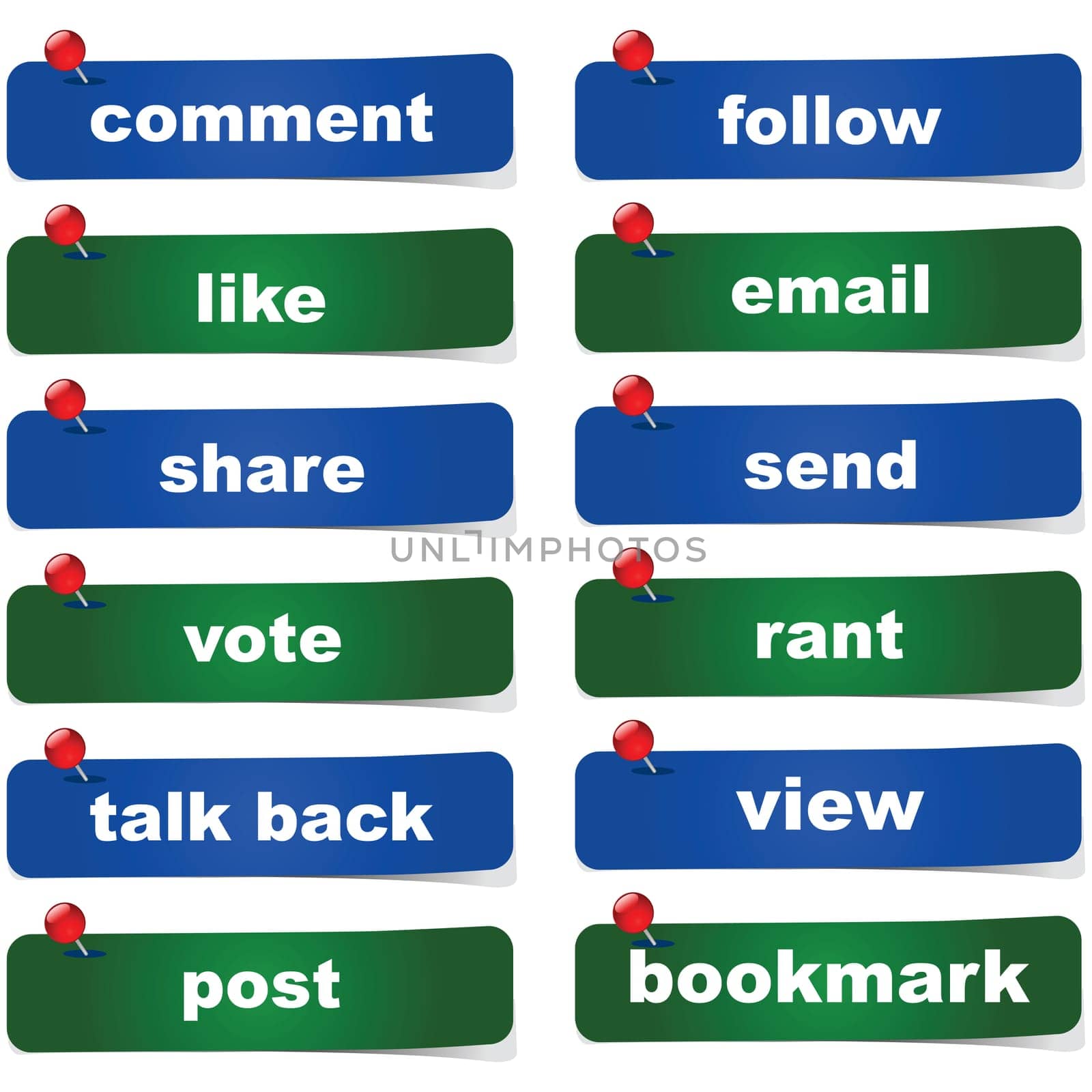 Collection of green and blue social media buttons with different calls to action