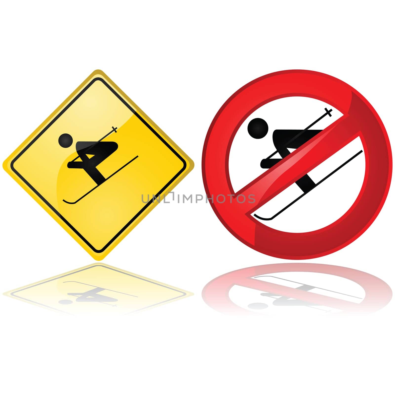 Glossy illustration showing a couple of ski signs one warning about skiing in the area and another saying skiing is not allowed