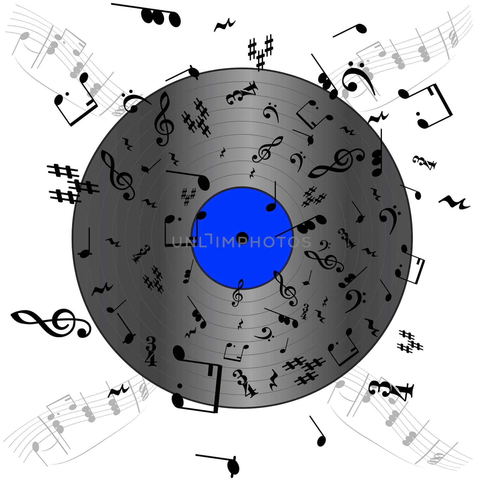 Concept illustration showing a vinyl record with music notes spread around and on top of it