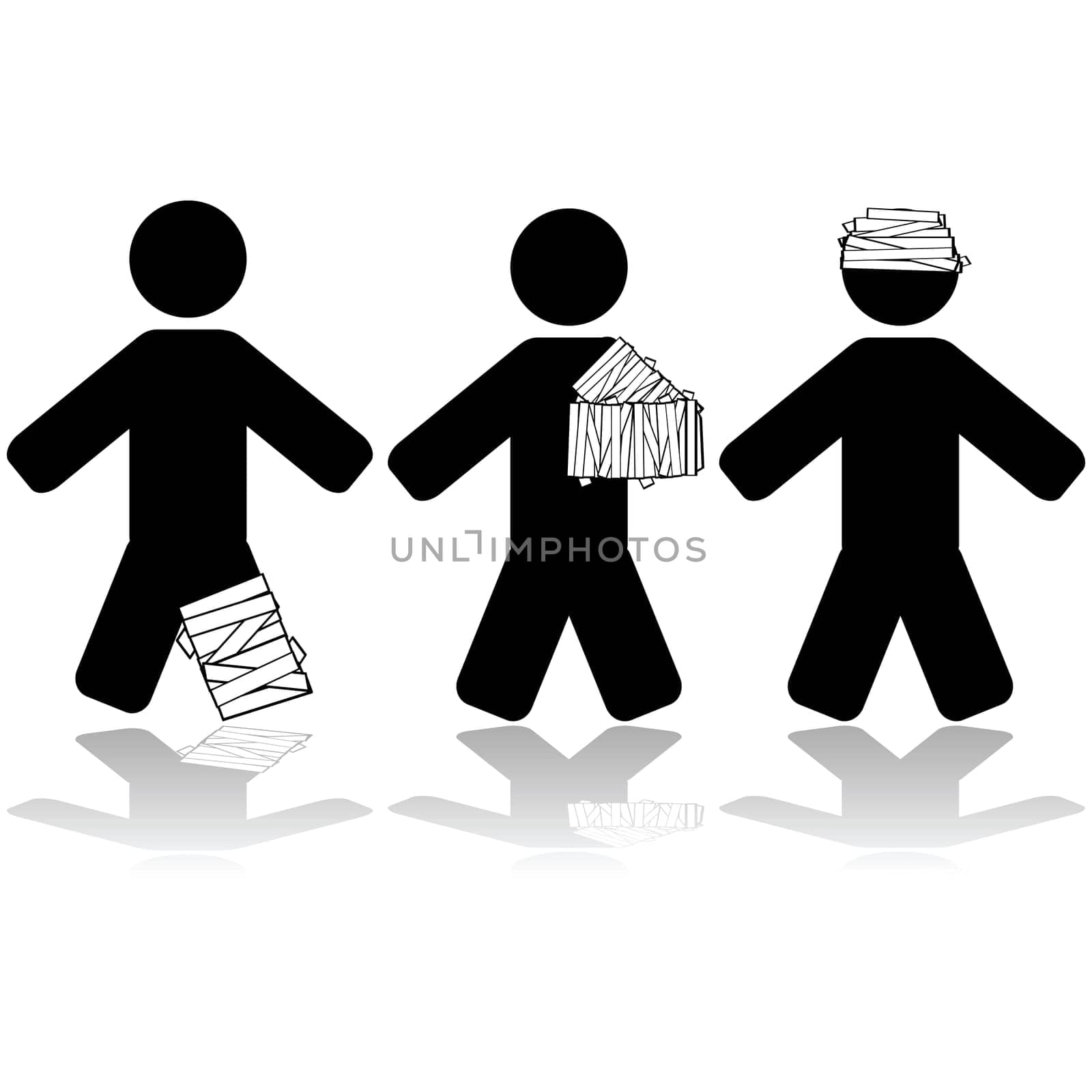 Icon illustration showing people injured in different parts of their body