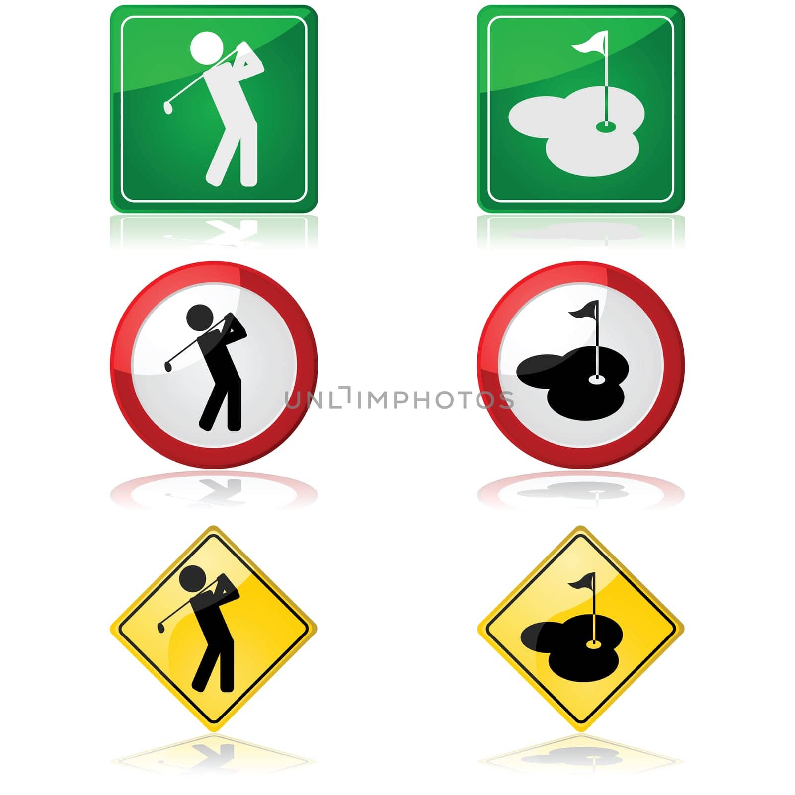 Traffic signs showing a person swinging a golf club and a hole in a golf course