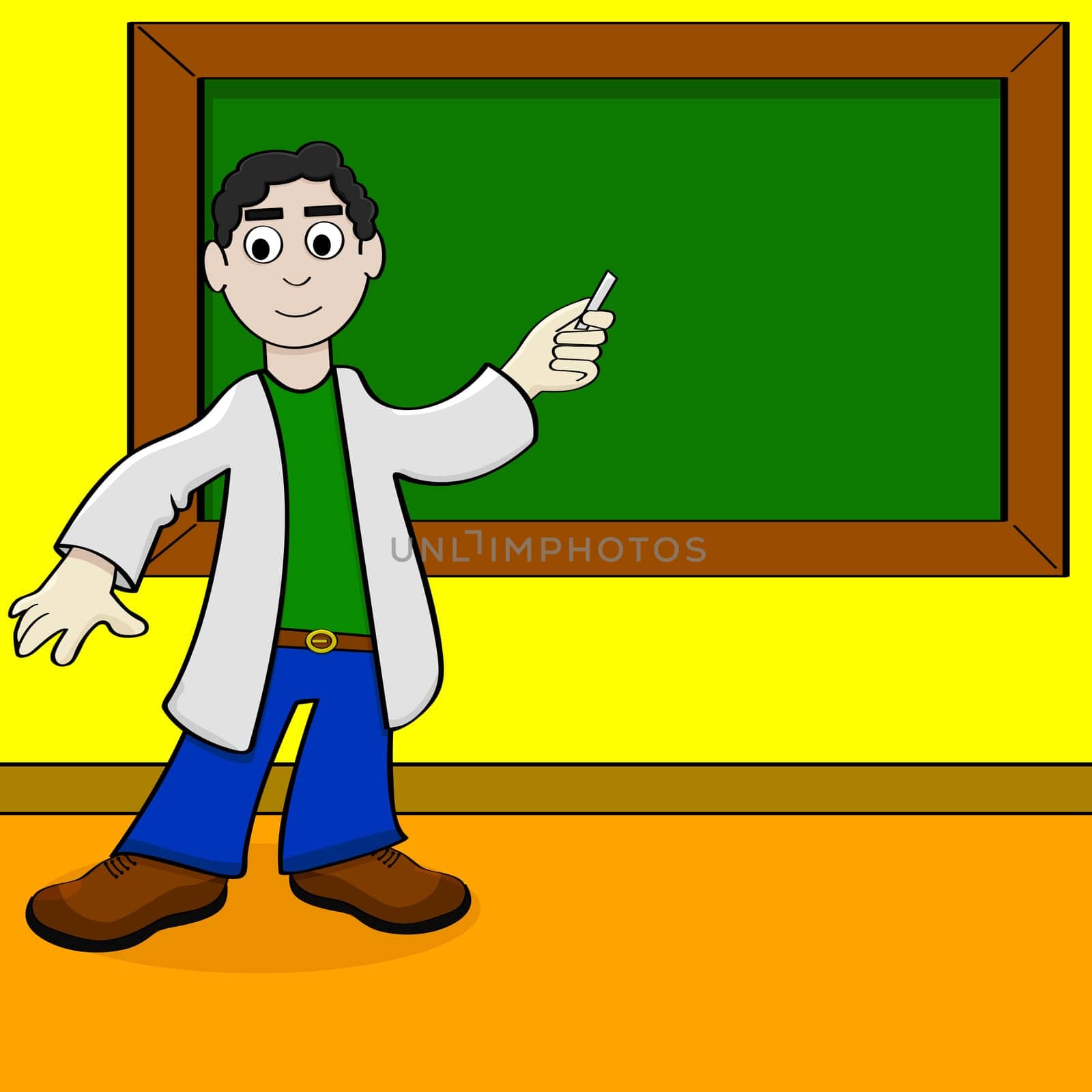 Cartoon illustration showing a teacher pointing at a blackboard with his piece of chalk