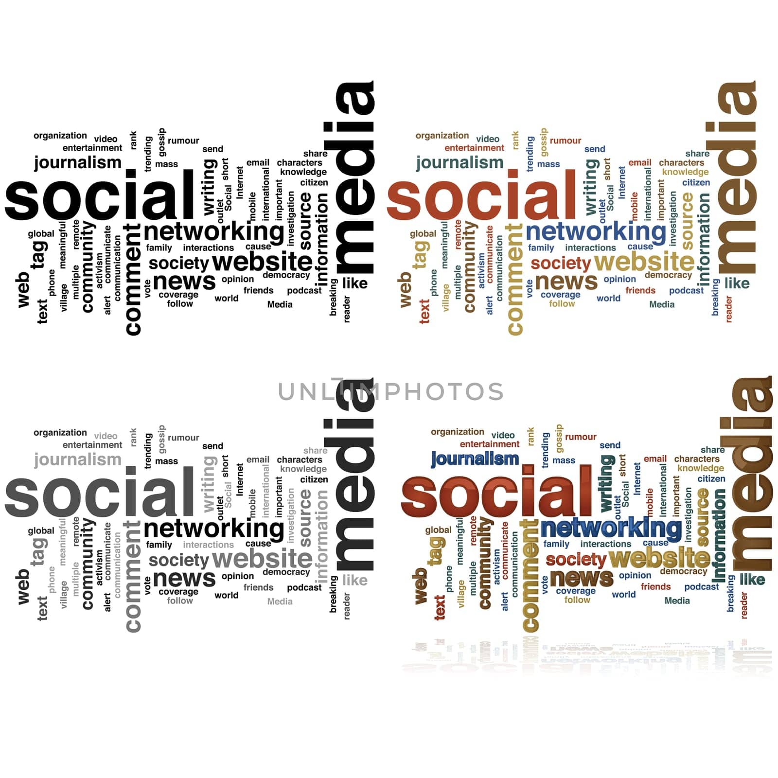Word cloud made with social media terms, in four different styles