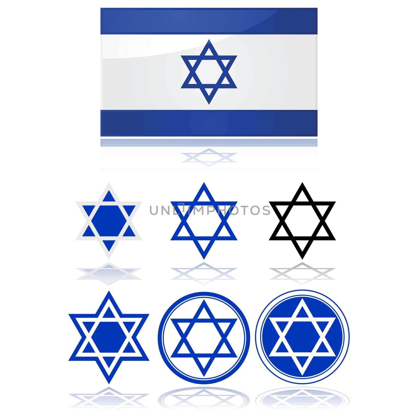 Glossy illustration showing the flag of Israel and variations on the star of David