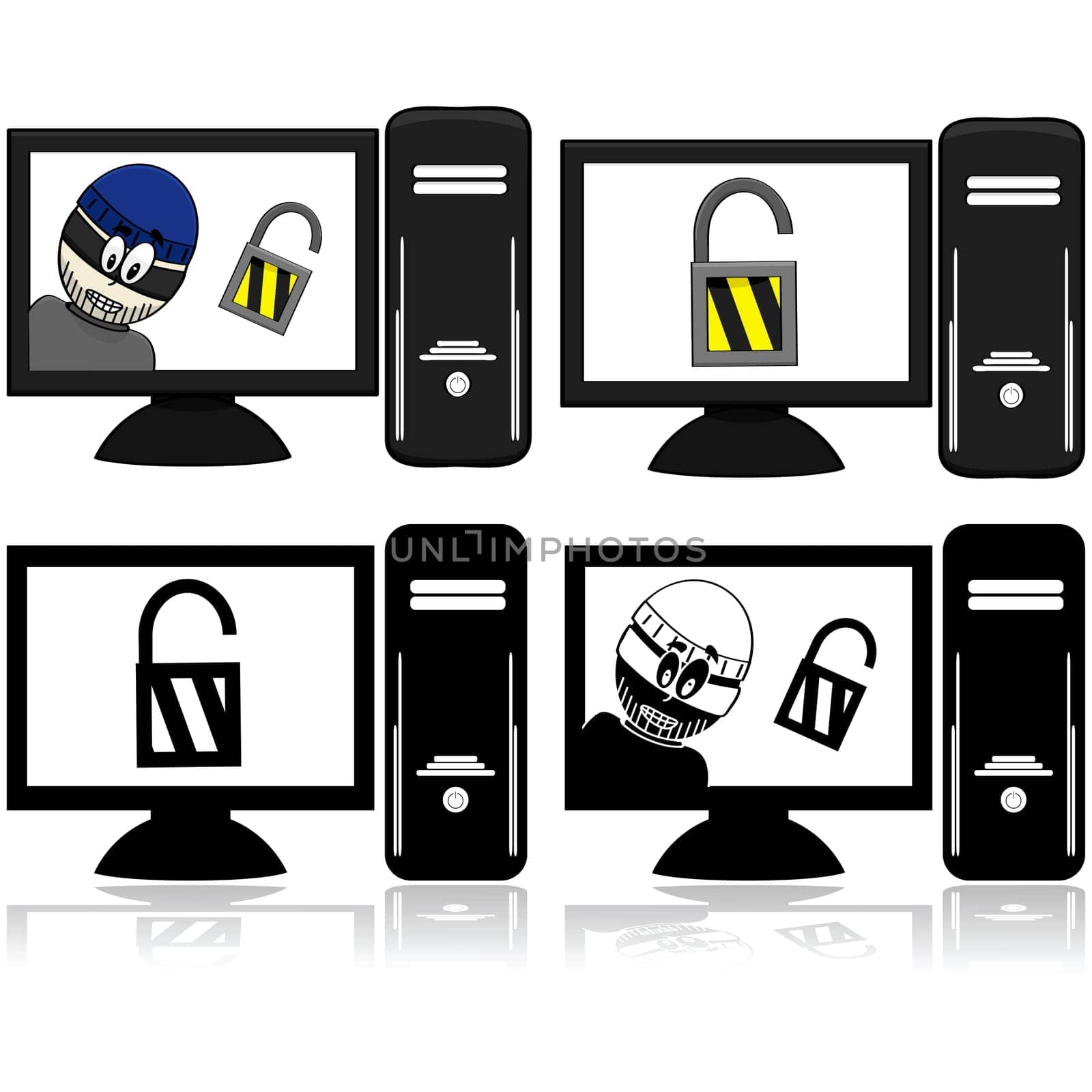 Icon set showing a computer with an open lock and another computer with a thief beside the open lock