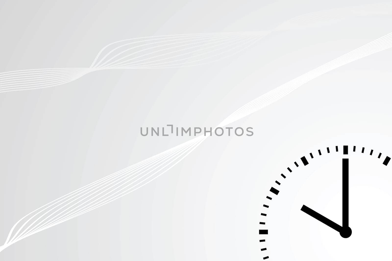 Abstract background with curvy lines and a clock dial in the lower right corner