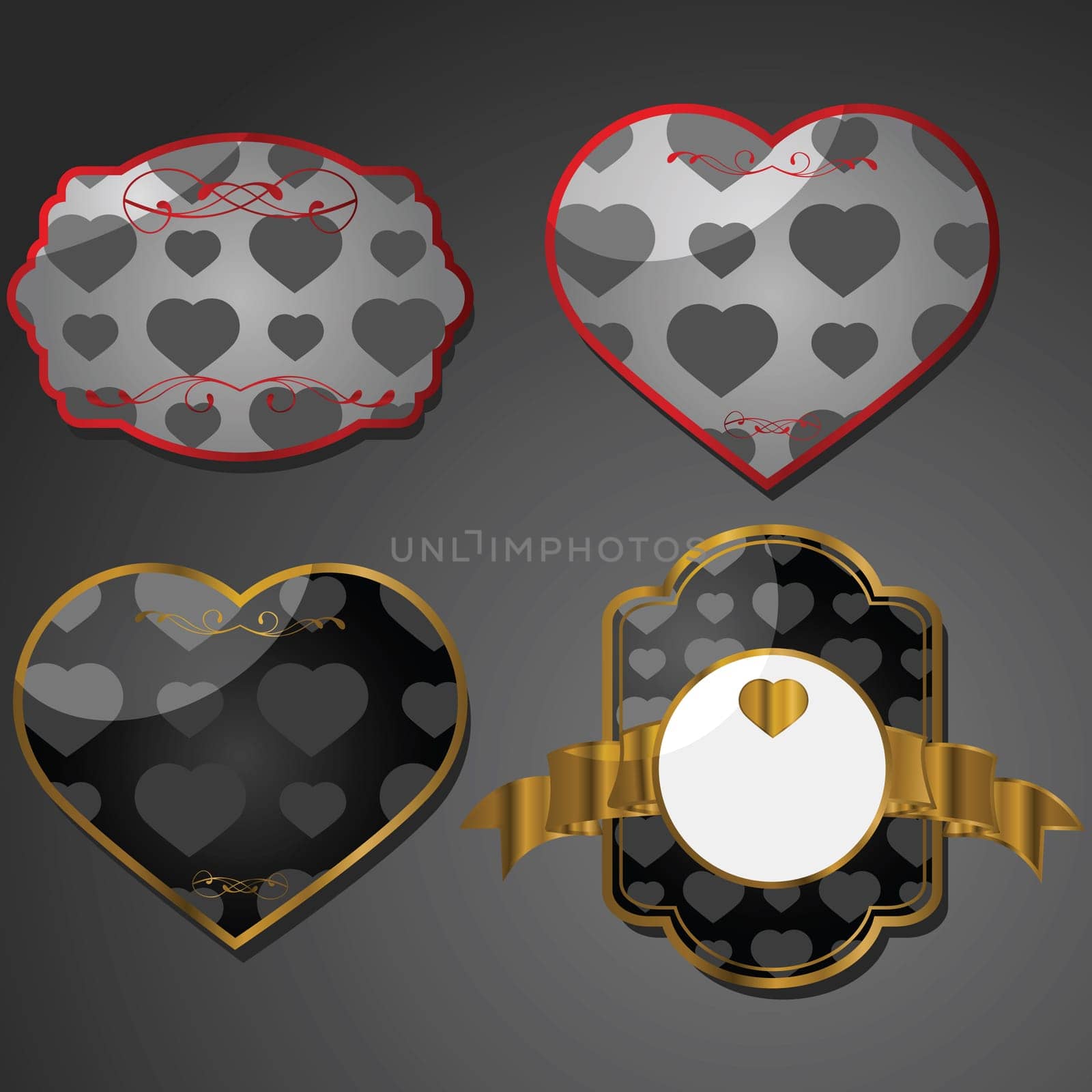 Set of four Valentine themed labels with hearts in the background