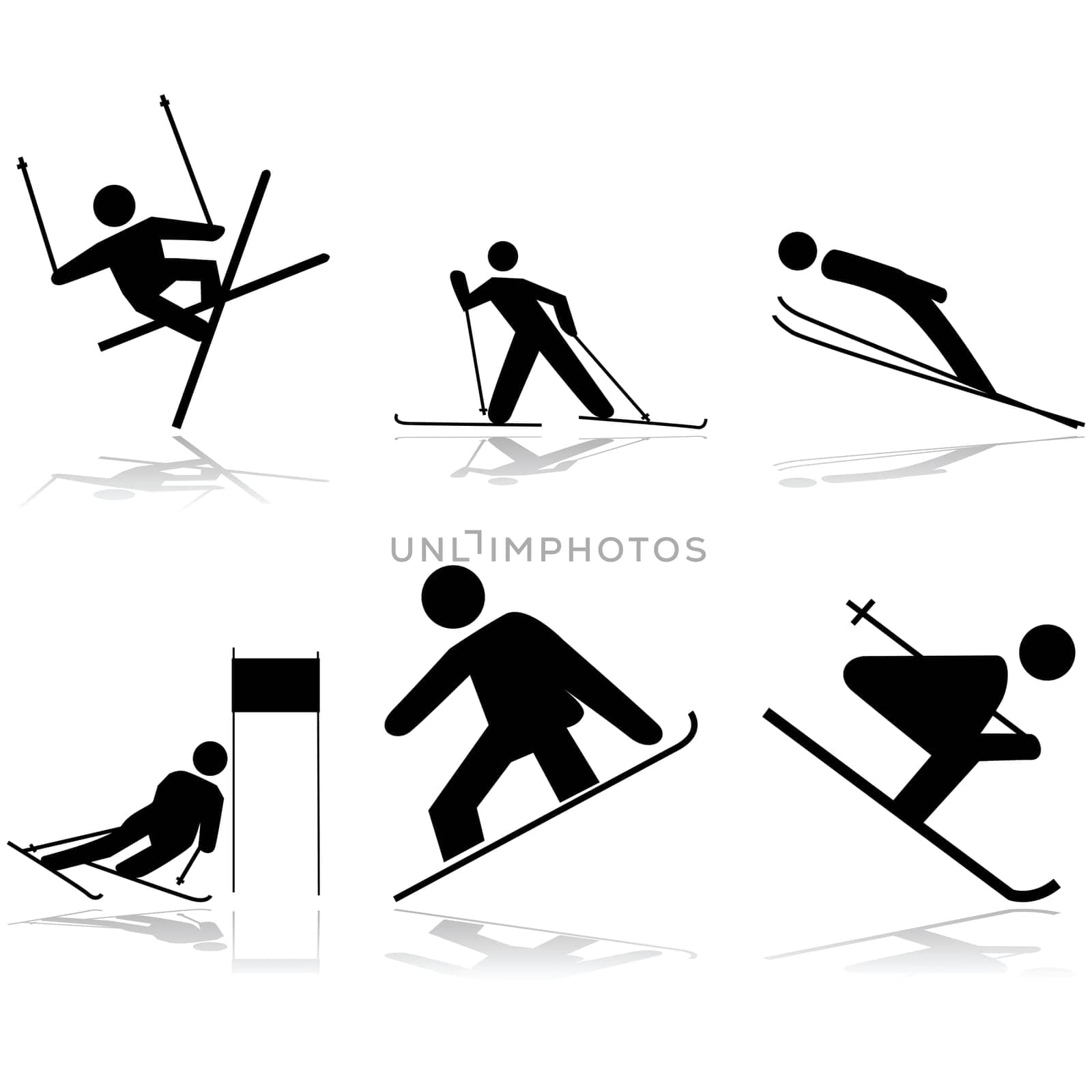 Icon illustrations showing different winter sports performed on snow surfaces