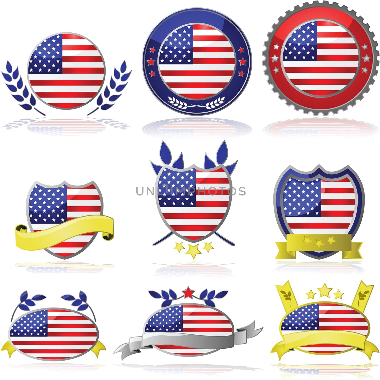 Collection of glossy badges with the flag of the United States