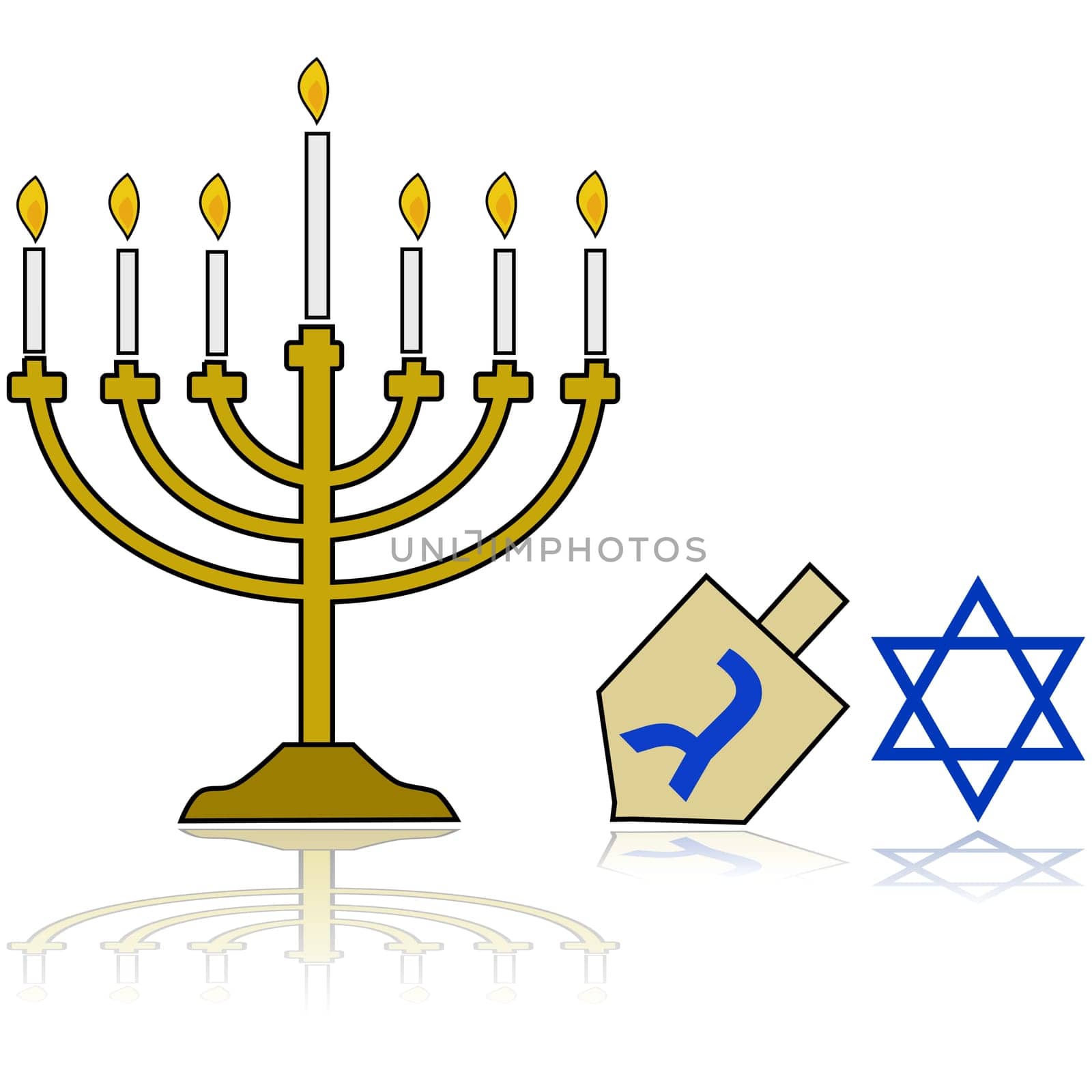 Cartoon illustration showing a Jewish Hanukkah Menorah, alongside a traditional spinning top and the star of David, reflected on a white background