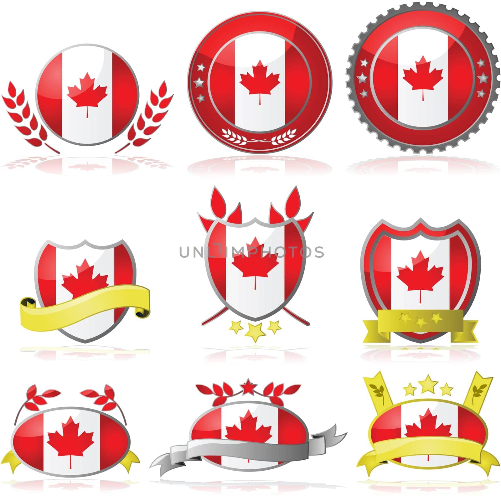 Illustration collection of glossy badges with the flag of Canada