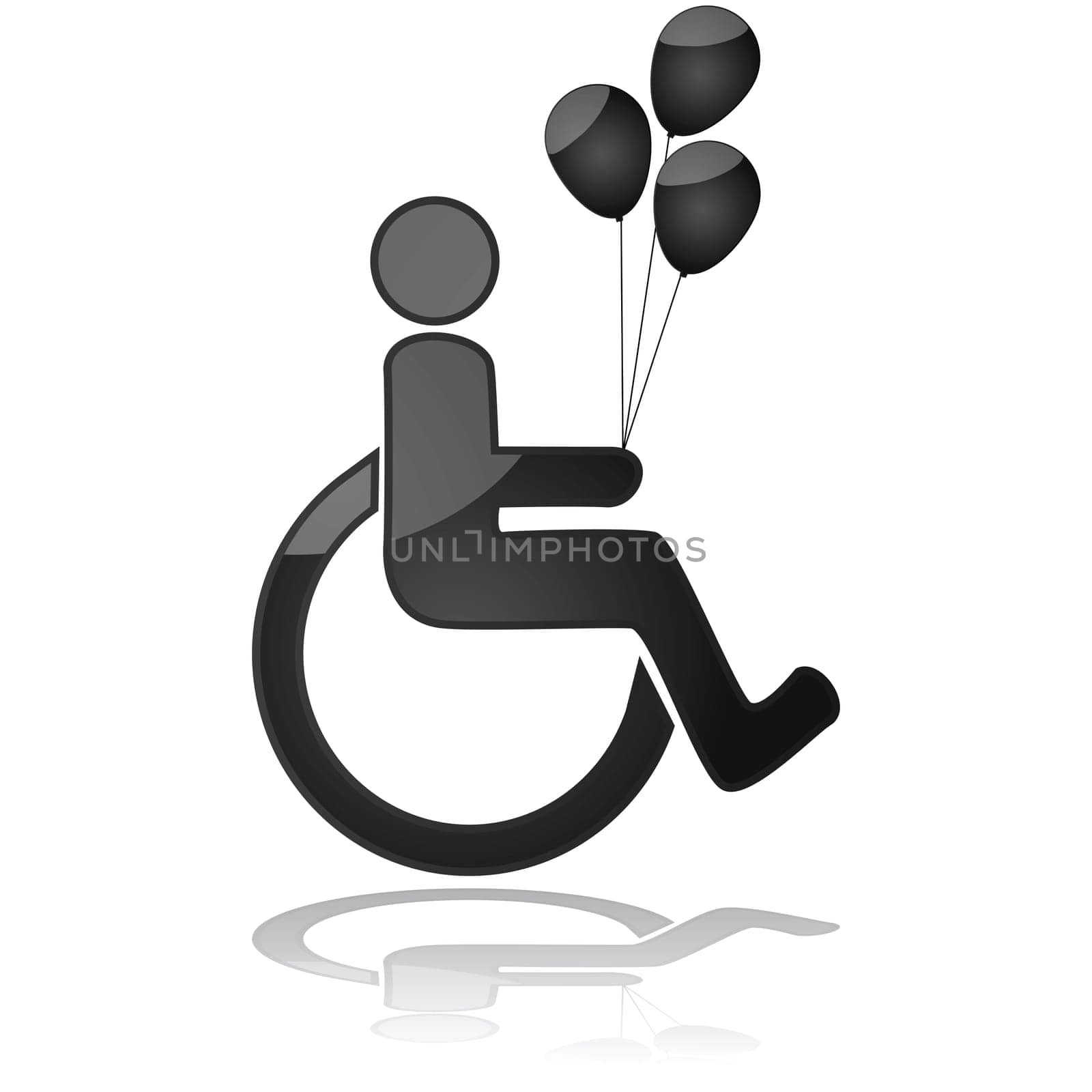 Icon illustration showing a child in a wheelchair holding balloons