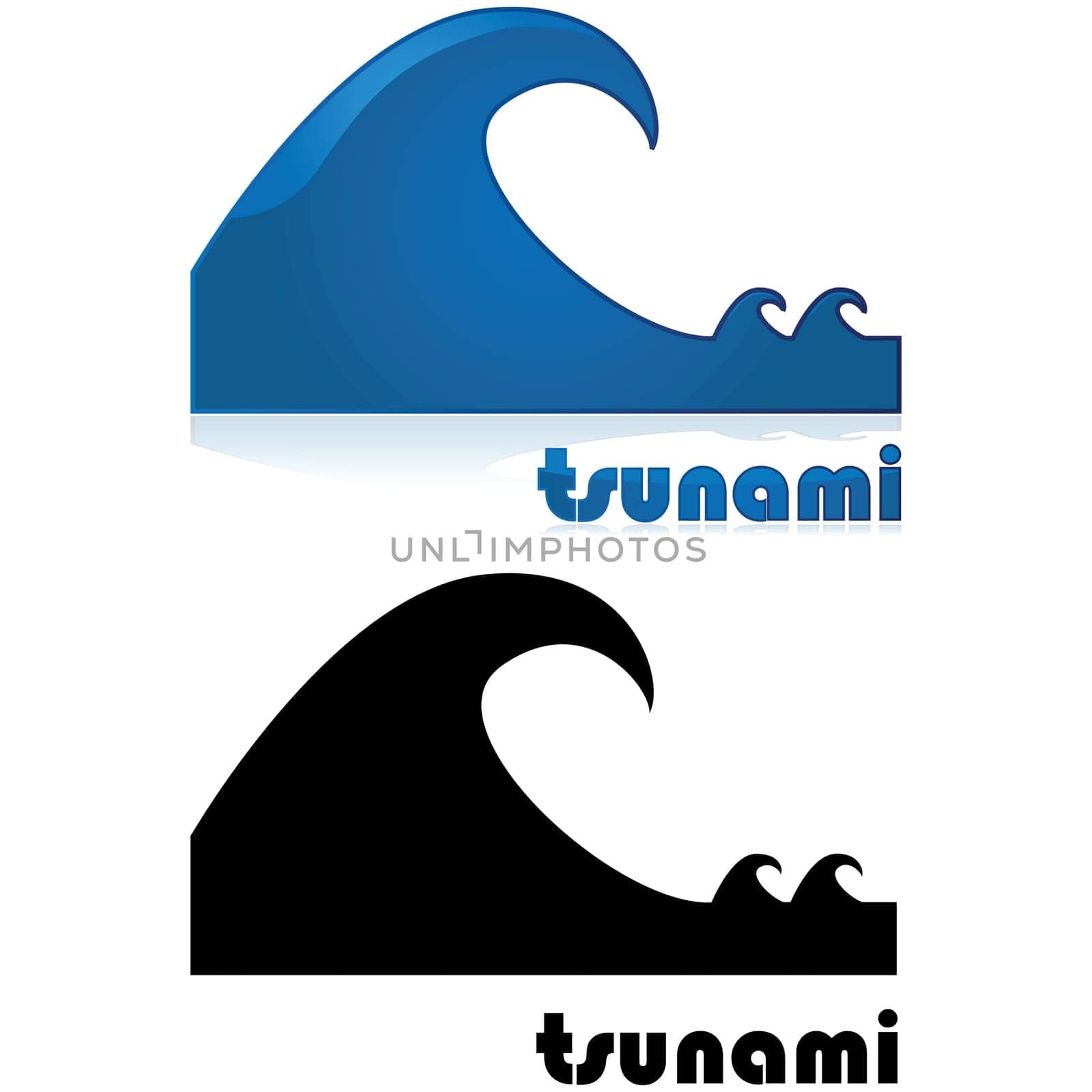 Icon showing a big wave after two smaller waves, with the word tsunami under it