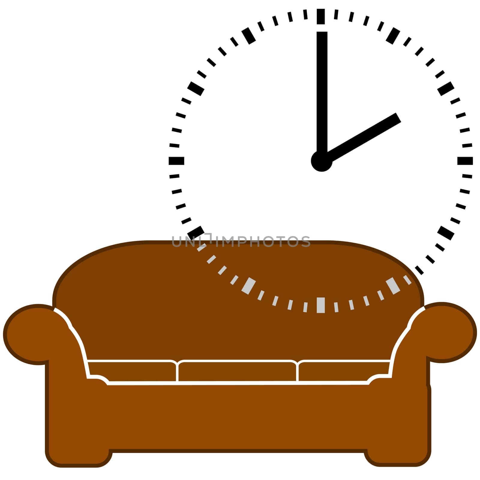 Concept illustration showing a couch and a dial clock displaying 2 o'clock, for nap time