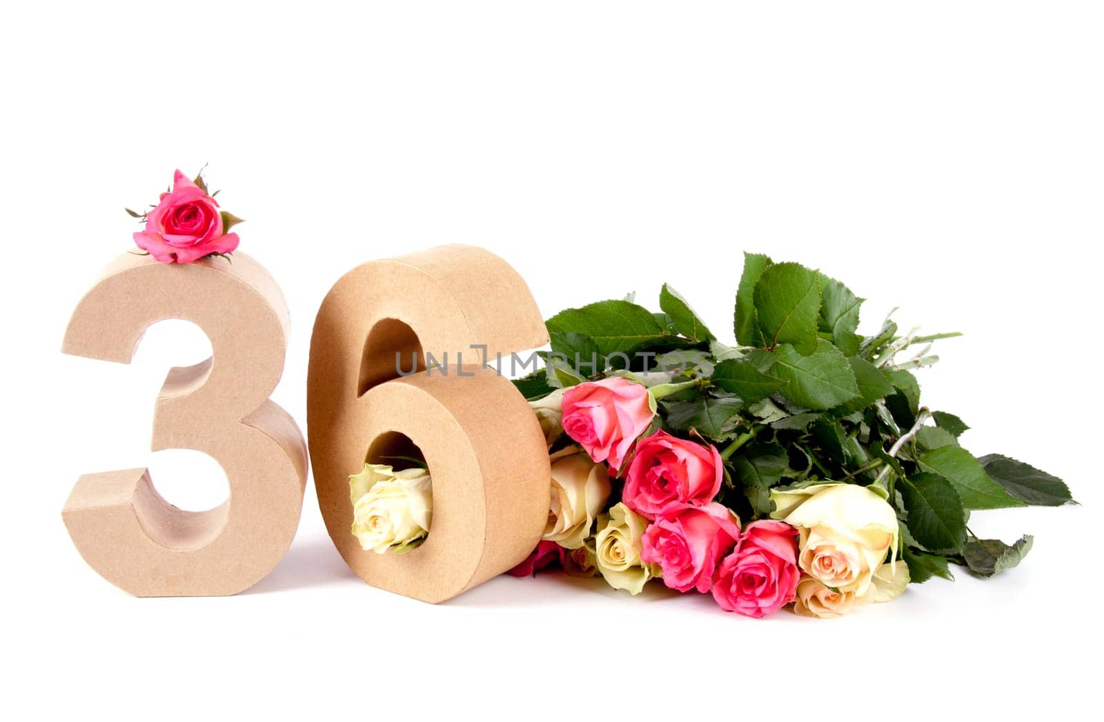 Number of age in a colorful studiosetting,surrounded with roses