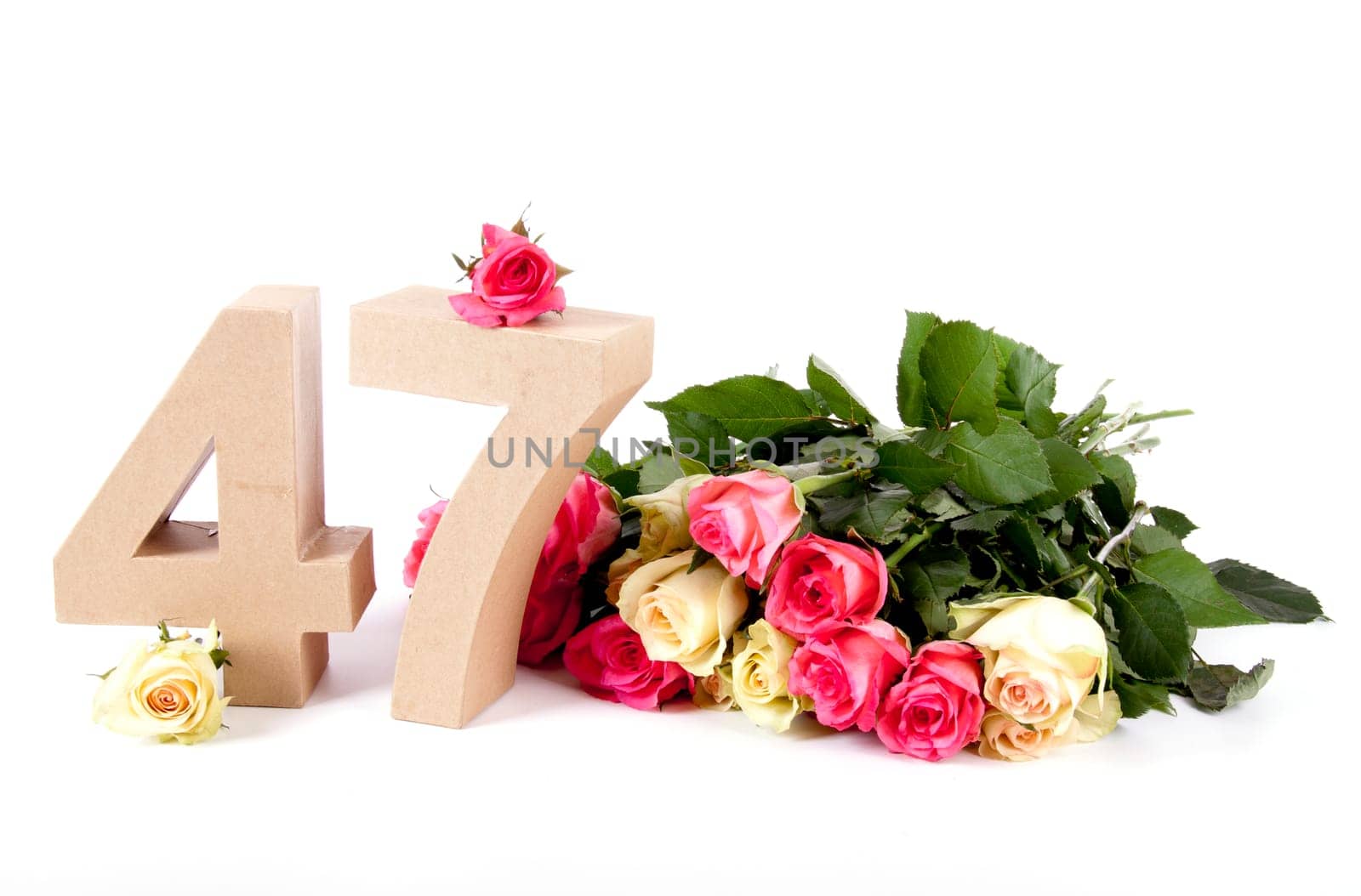 Number of age in a colorful studiosetting,surrounded with roses