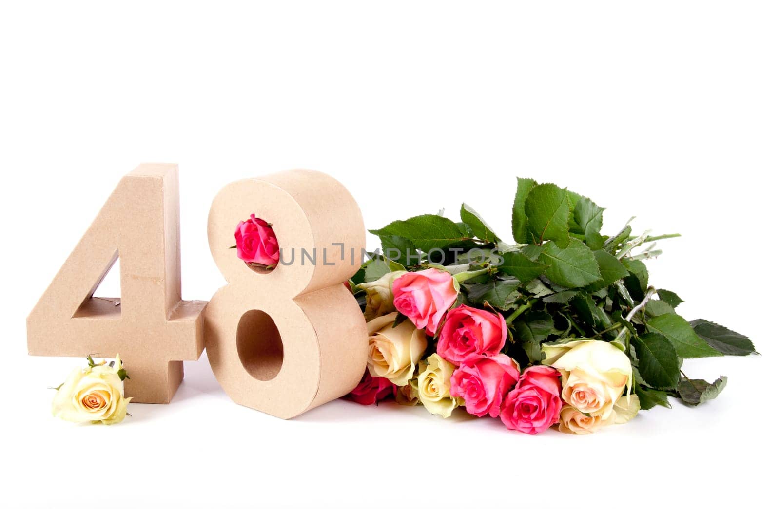 Number of age in a colorful studiosetting,surrounded with roses