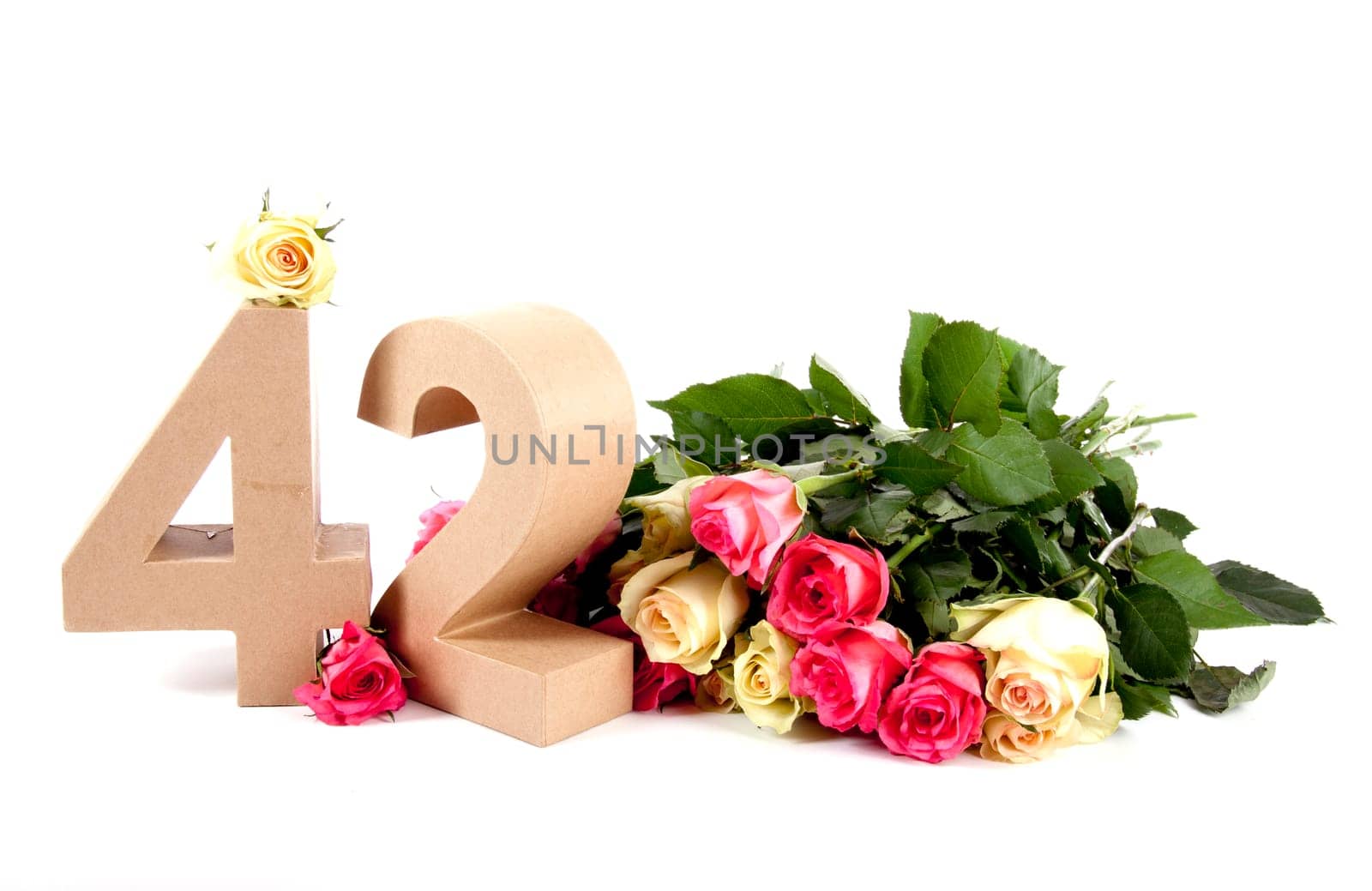 Number of age in a colorful studiosetting,surrounded with roses