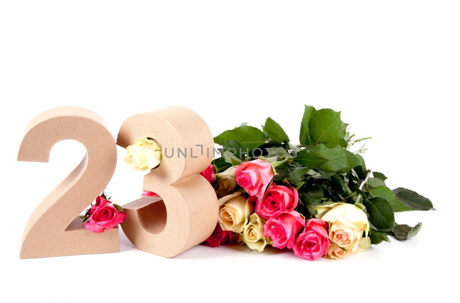 Number of age in a colorful studiosetting,surrounded with roses