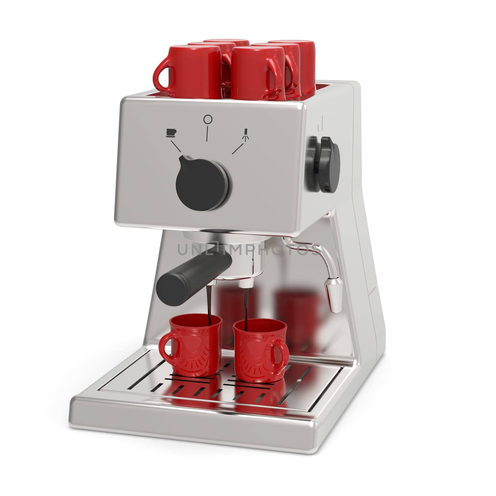Silver espresso machine brewing espresso coffee