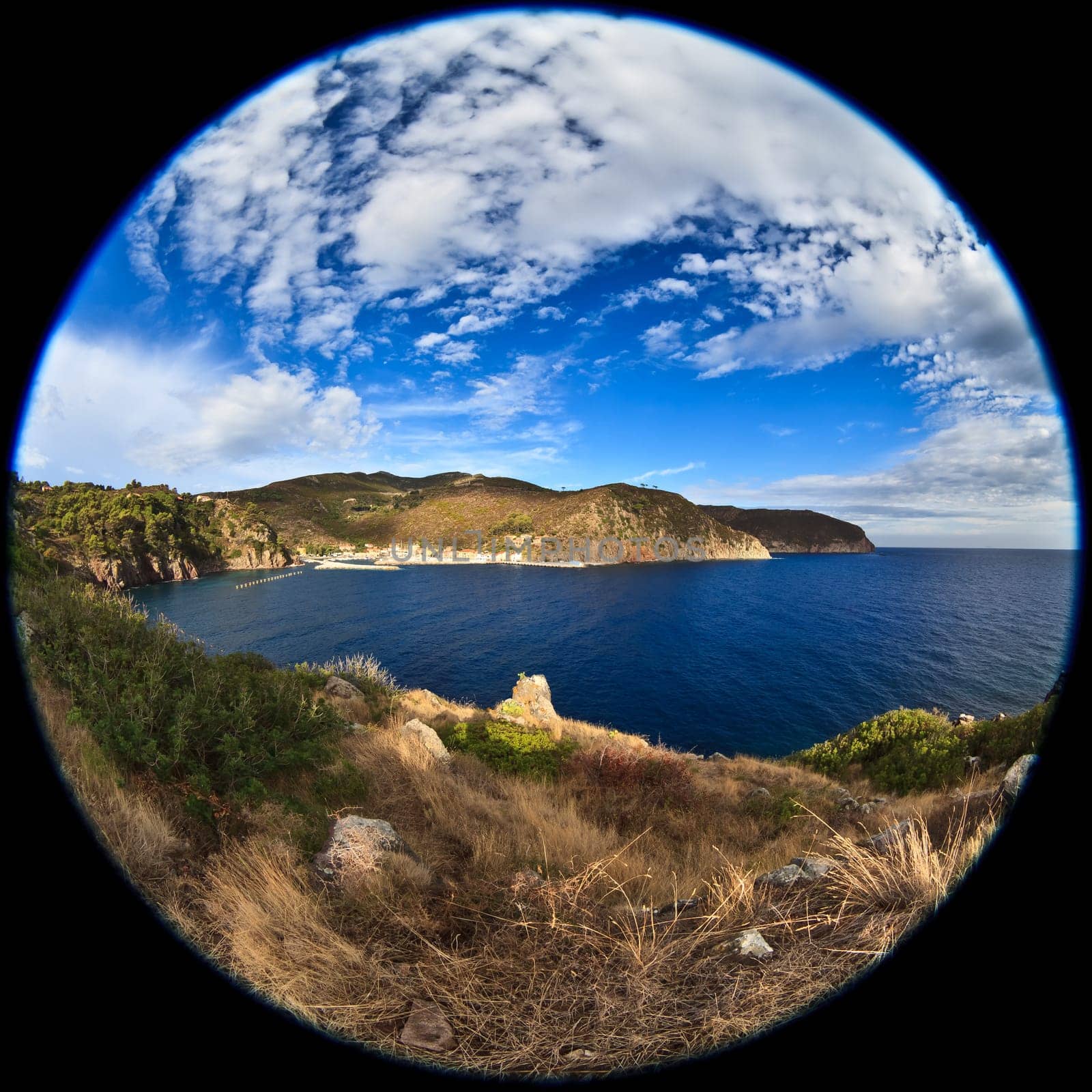 fisheye lens image of Capraia Island, Tuscan Archipelago, Italy
