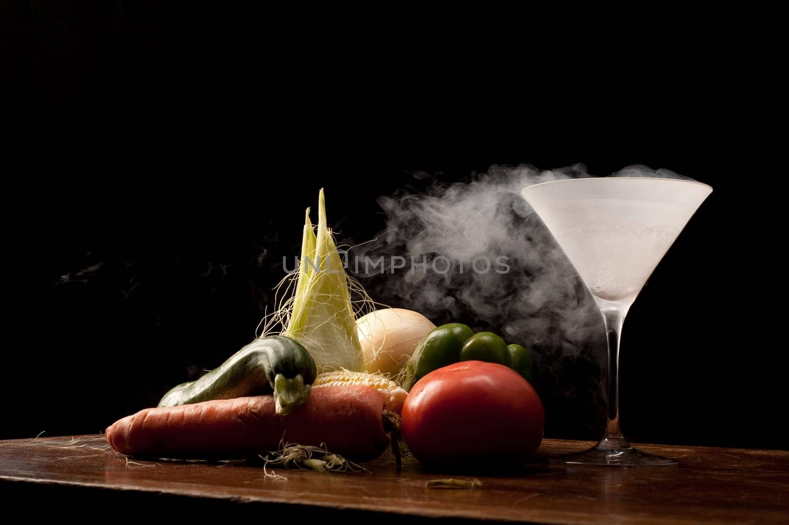 Still life of vegetables and liquid nitrogen