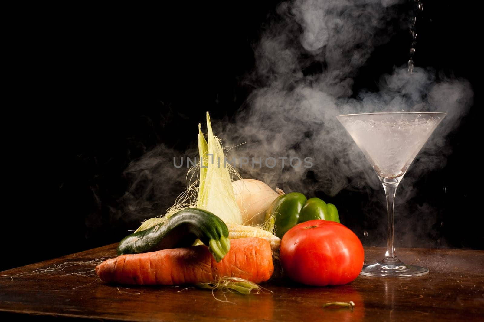 Still life of vegetables and liquid nitrogen