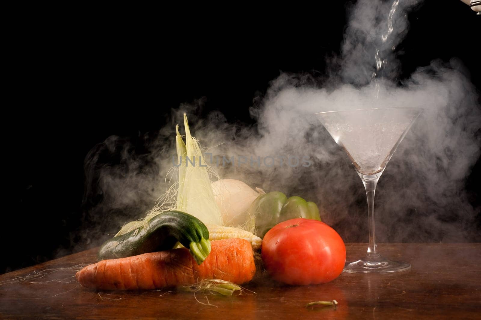 Still life of vegetables and liquid nitrogen