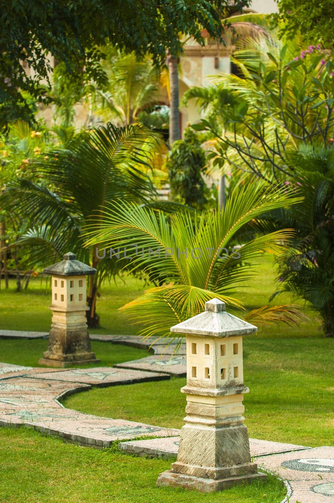 Curving traditional garden path in Bali, Indonesia