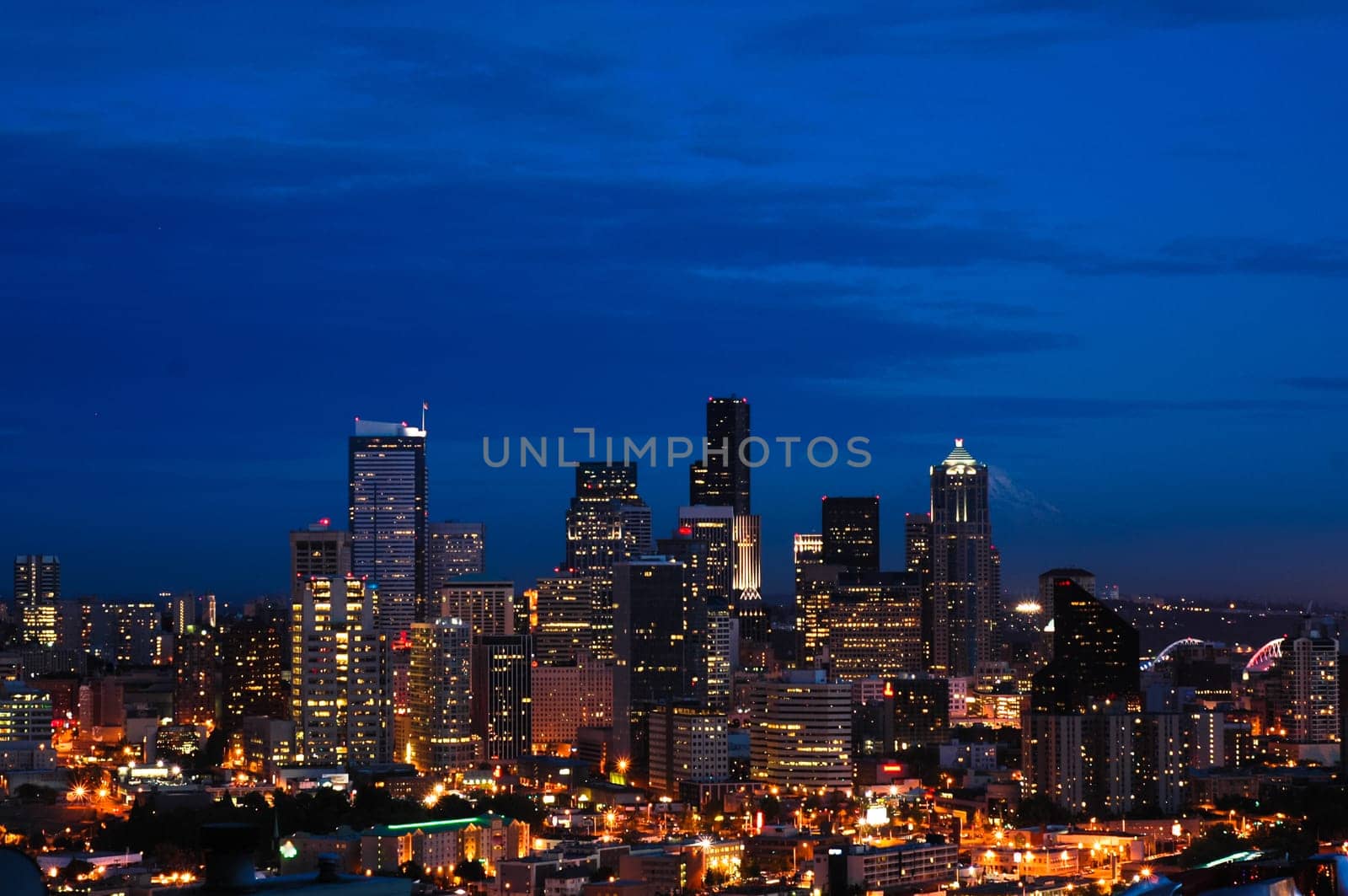 The Seattle skyline at dusk seen from up high