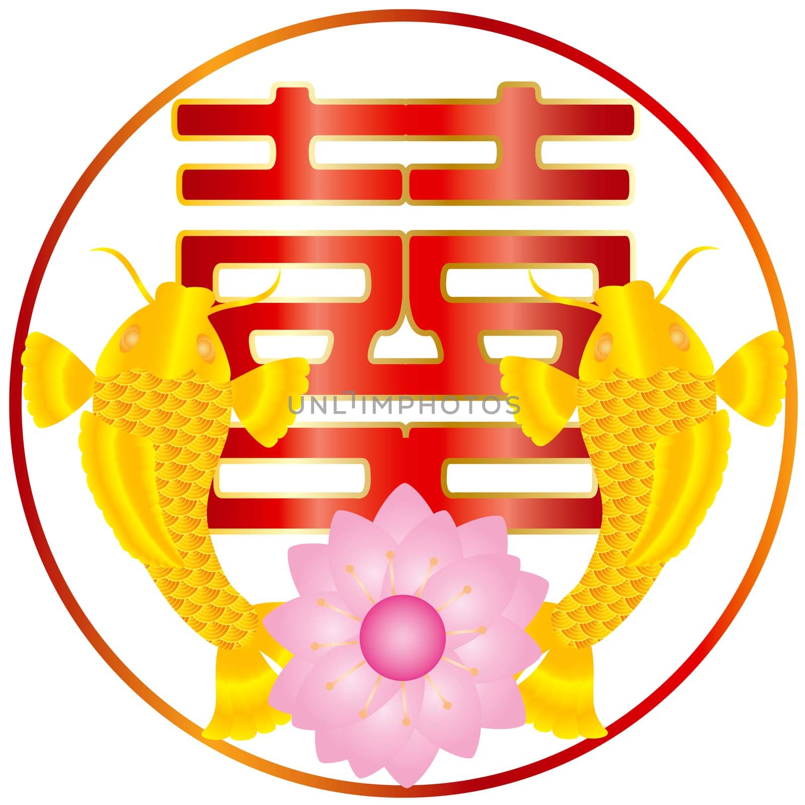 Chinese Wedding Double Happiness Text with Gold Fish Pair and Pink Lotus Flower Illustration Isolated on White Background